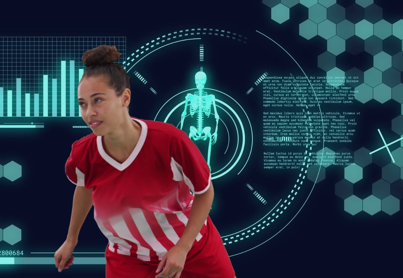 A female player in the foreground, with graphs and data in the background
